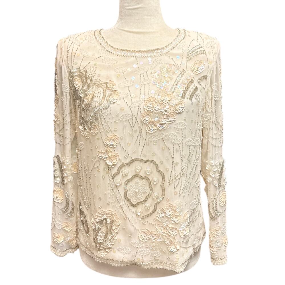 Vintage 1980s Cadaz Petite 100% Silk Ivory Beaded Blouse Size Small Petite
